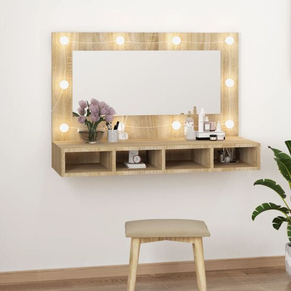 vidaXL Omarica z ogledalom in LED lučkami sonoma hrast 90x31,5x62 cm
