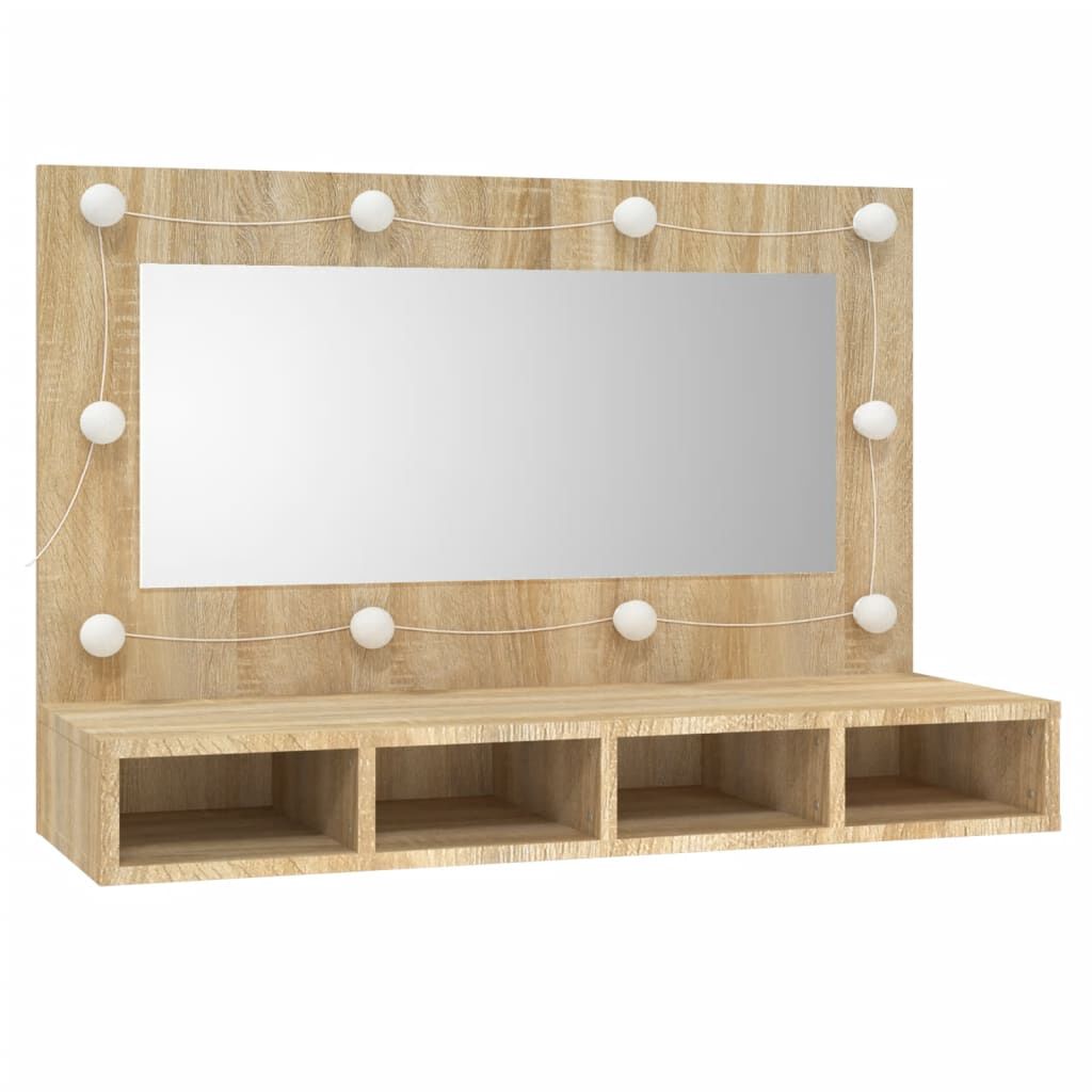 vidaXL Omarica z ogledalom in LED lučkami sonoma hrast 90x31,5x62 cm